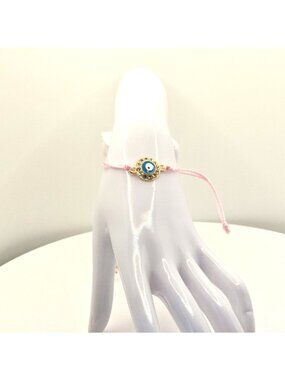 Evil Eye Charm Bracelet With Pink Adjustable Cord Gold-Tone Accent And Rhineston